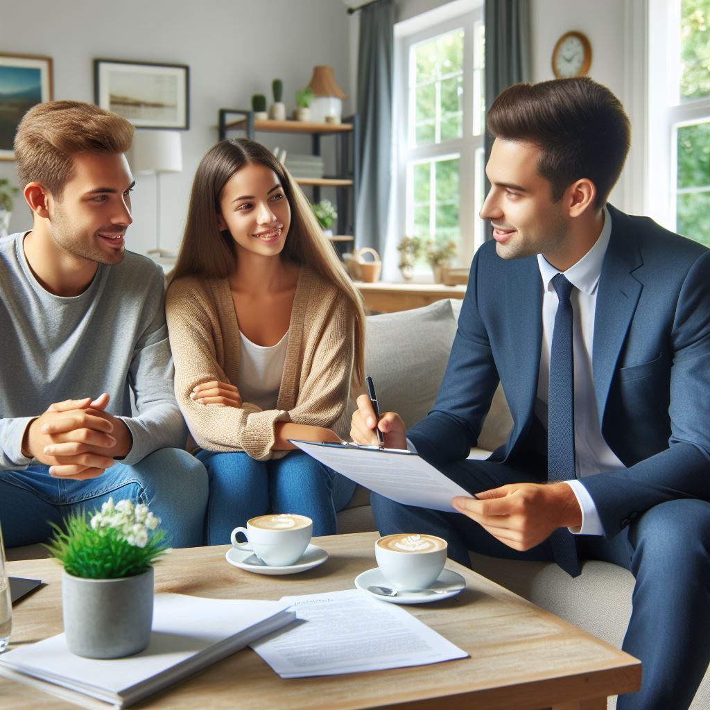 3 people sitting around coffee table with papers